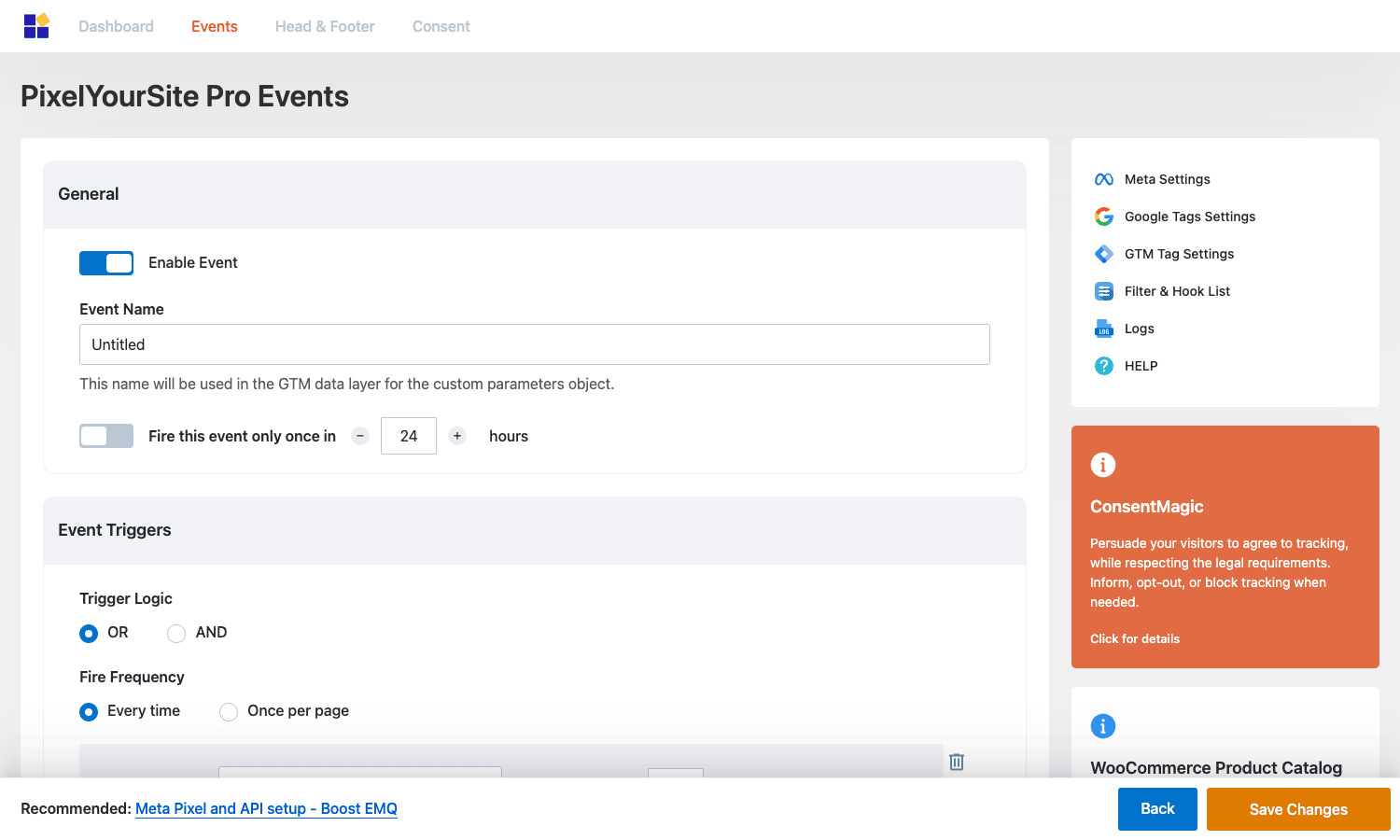PixelYourSite Pro event editor with Event Name field, Fire Once toggle, Trigger Logic OR/AND, and Fire Frequency options