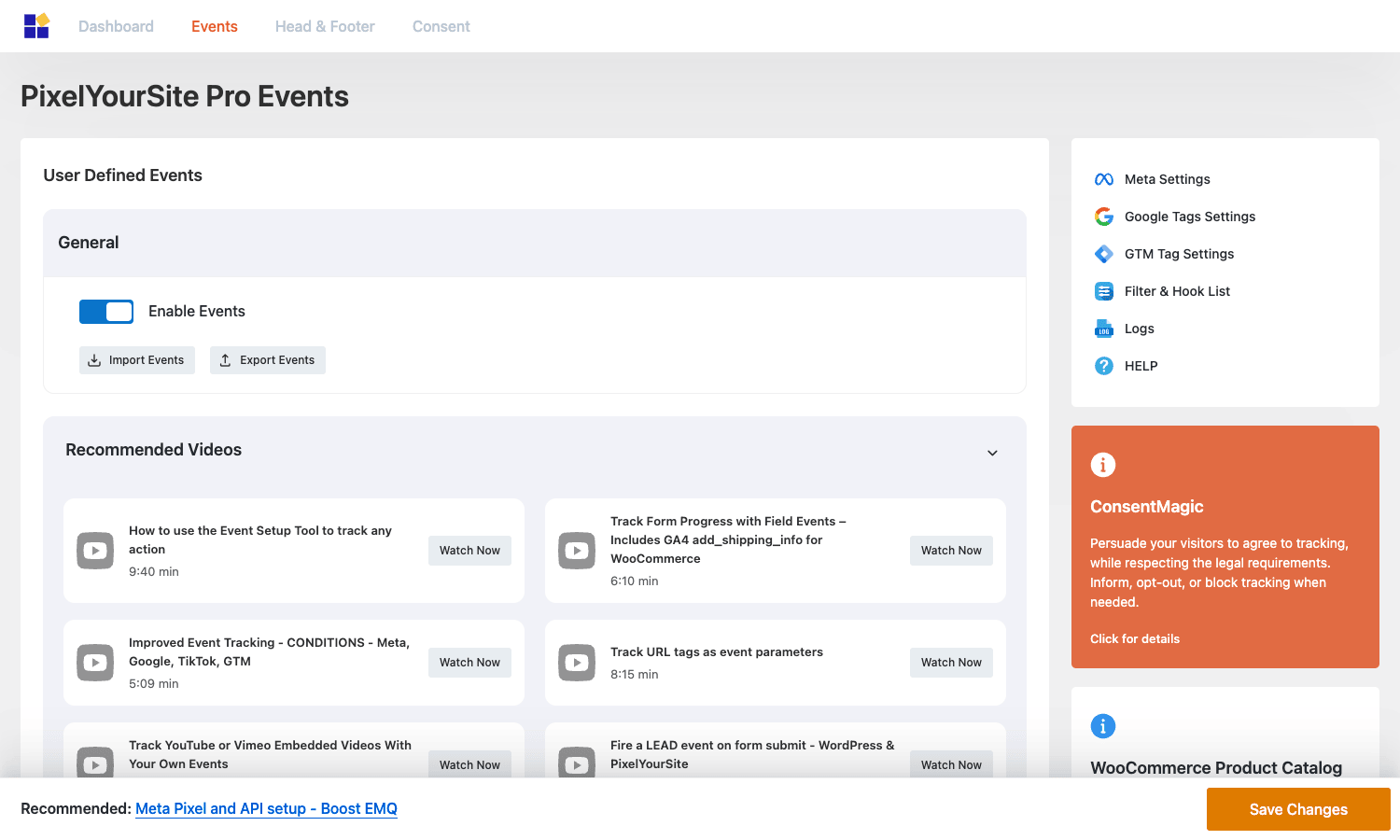 PixelYourSite Pro Events tab showing User Defined Events with import/export and a list of training videos