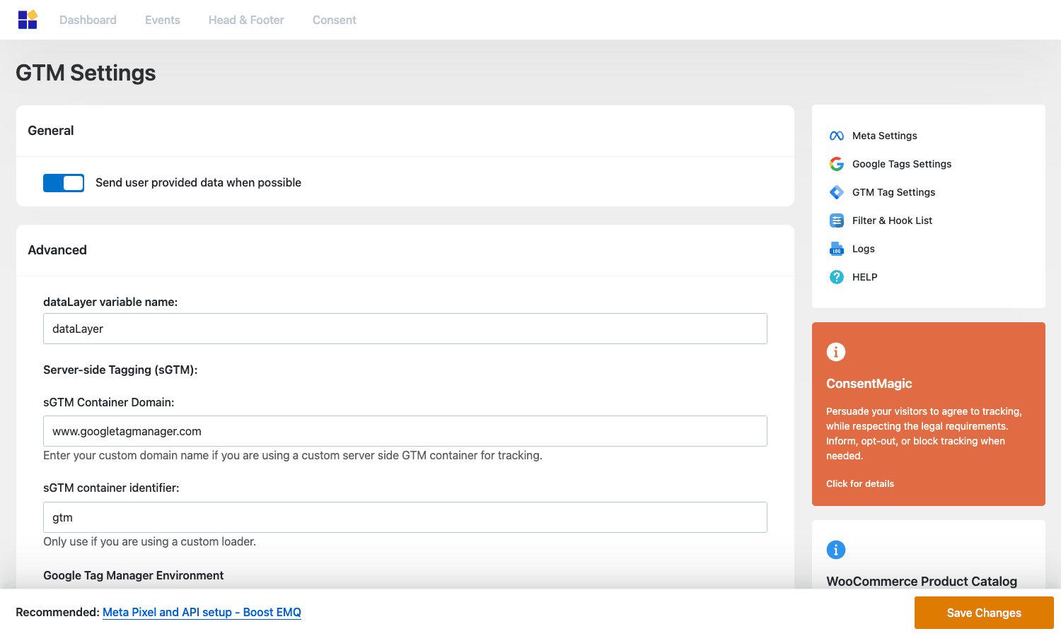 PixelYourSite Pro GTM Settings showing dataLayer config and server-side tagging options