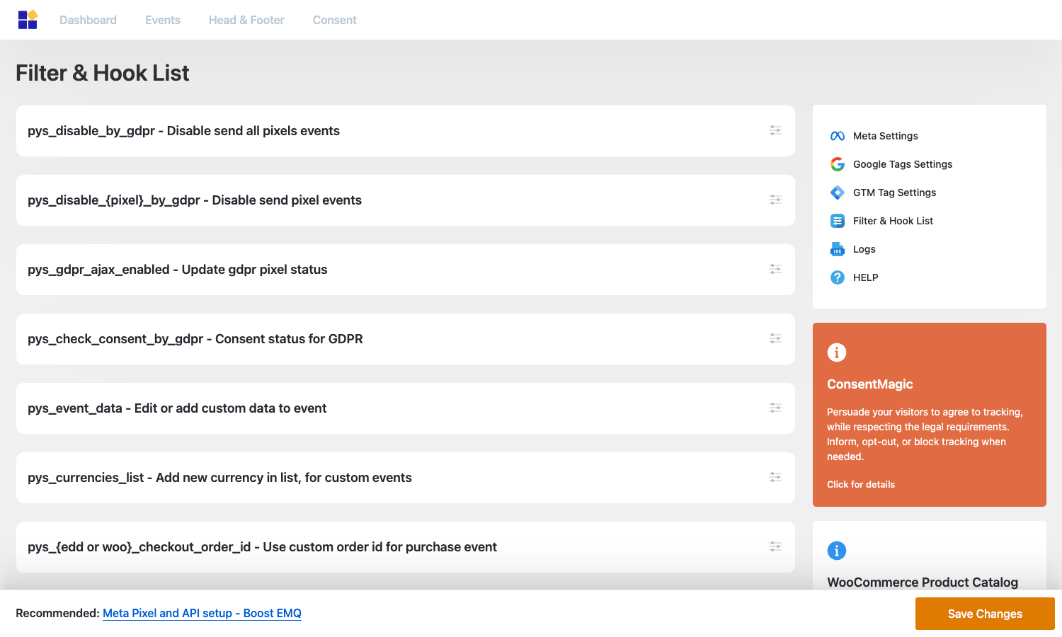 PixelYourSite Pro Filter and Hook List page showing pys_disable_by_gdpr, pys_event_data, and other developer hooks
