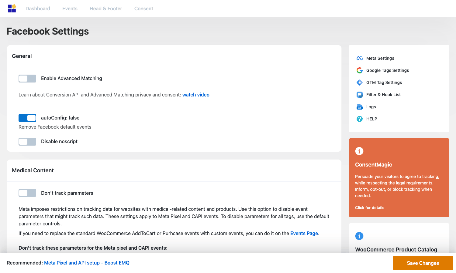 PixelYourSite Pro Facebook Settings screen showing Advanced Matching, autoConfig toggle, and Medical Content options