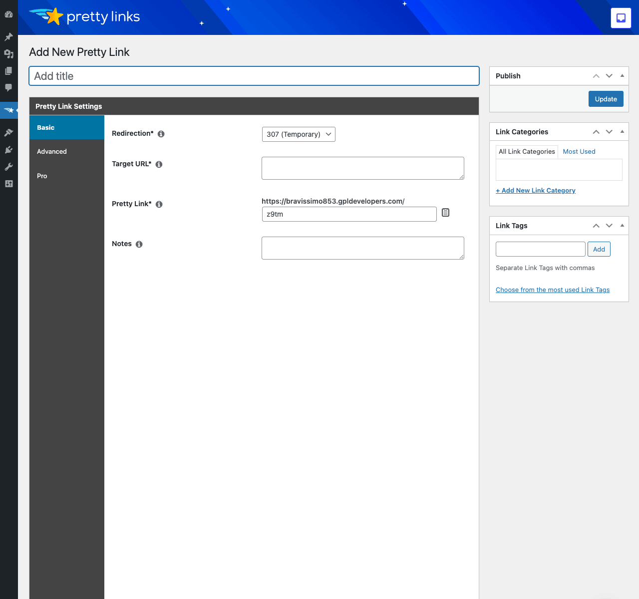 Add New Pretty Link form The Pretty Links "Add New Pretty Link" form showing Title, Redirection type (307 Temporary), Target URL, Pretty Link slug, Notes, plus Link Categories and Link Tags sidebar widgets