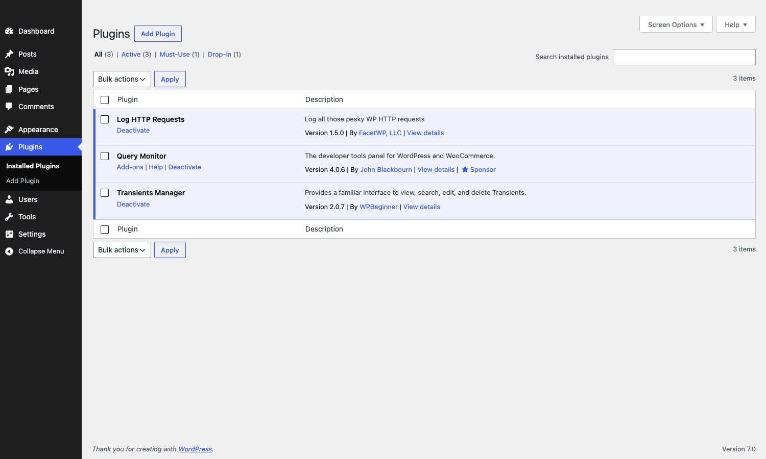 Standard WordPress plugins screen on 7.0 with Version 7.0 in the footer WordPress 7.0 plugins admin page footer showing Version 7.0