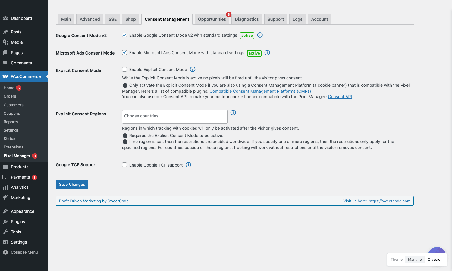 Pixel Manager Consent Management tab Pixel Manager Consent Management tab with Google Consent Mode v2 toggle, Microsoft Ads Consent Mode toggle, Explicit Consent Mode, and Explicit Consent Regions multiselect