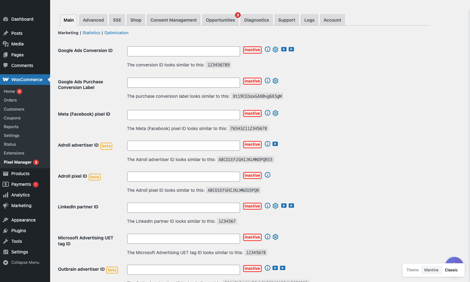 Pixel Manager Marketing tab Pixel Manager Marketing tab inside the WooCommerce admin showing Google Ads, Meta, Adroll, LinkedIn, Microsoft, and Outbrain pixel ID fields with red inactive badges