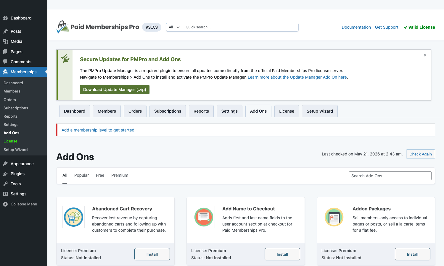 PMPro Add Ons directory Add Ons tab showing the directory of addons available for Paid Memberships Pro