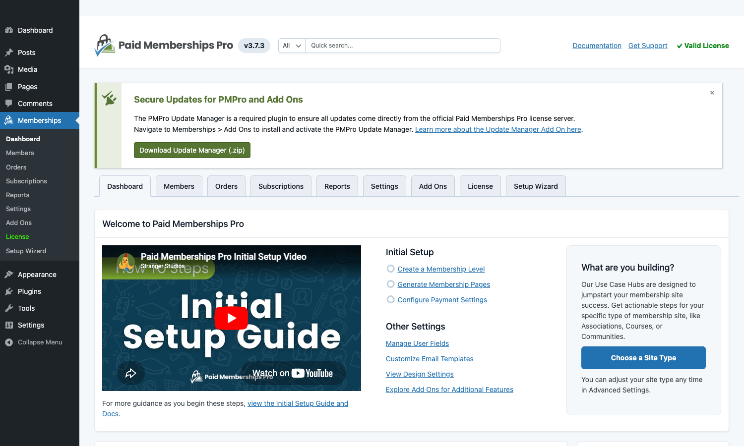 PMPro dashboard Paid Memberships Pro dashboard tab in the WordPress admin, showing the welcome panel and tabs row