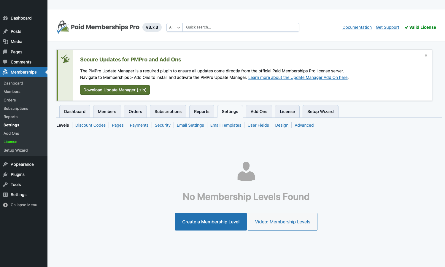 PMPro empty Levels tab Empty Levels tab in Paid Memberships Pro with the prompt to create the first membership level