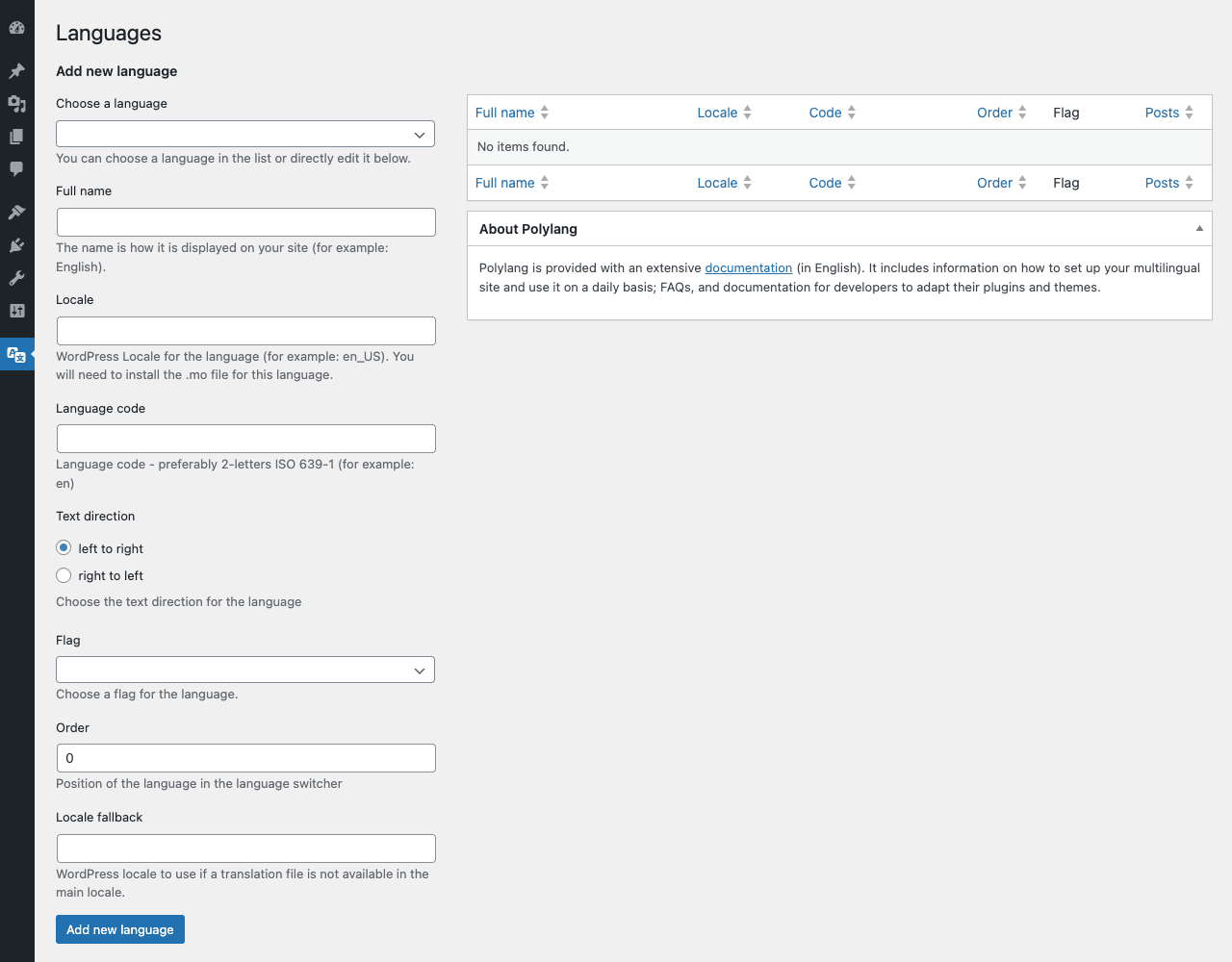 Polylang Languages admin Polylang Pro Languages admin page showing the Add new language form on the left with Full name, Locale, Language code, Text direction (LTR/RTL), Flag, Order, and Locale fallback fields, plus the languages table on the right with columns Full name, Locale, Code, Order, Flag, Posts, and an "About Polylang" info box
