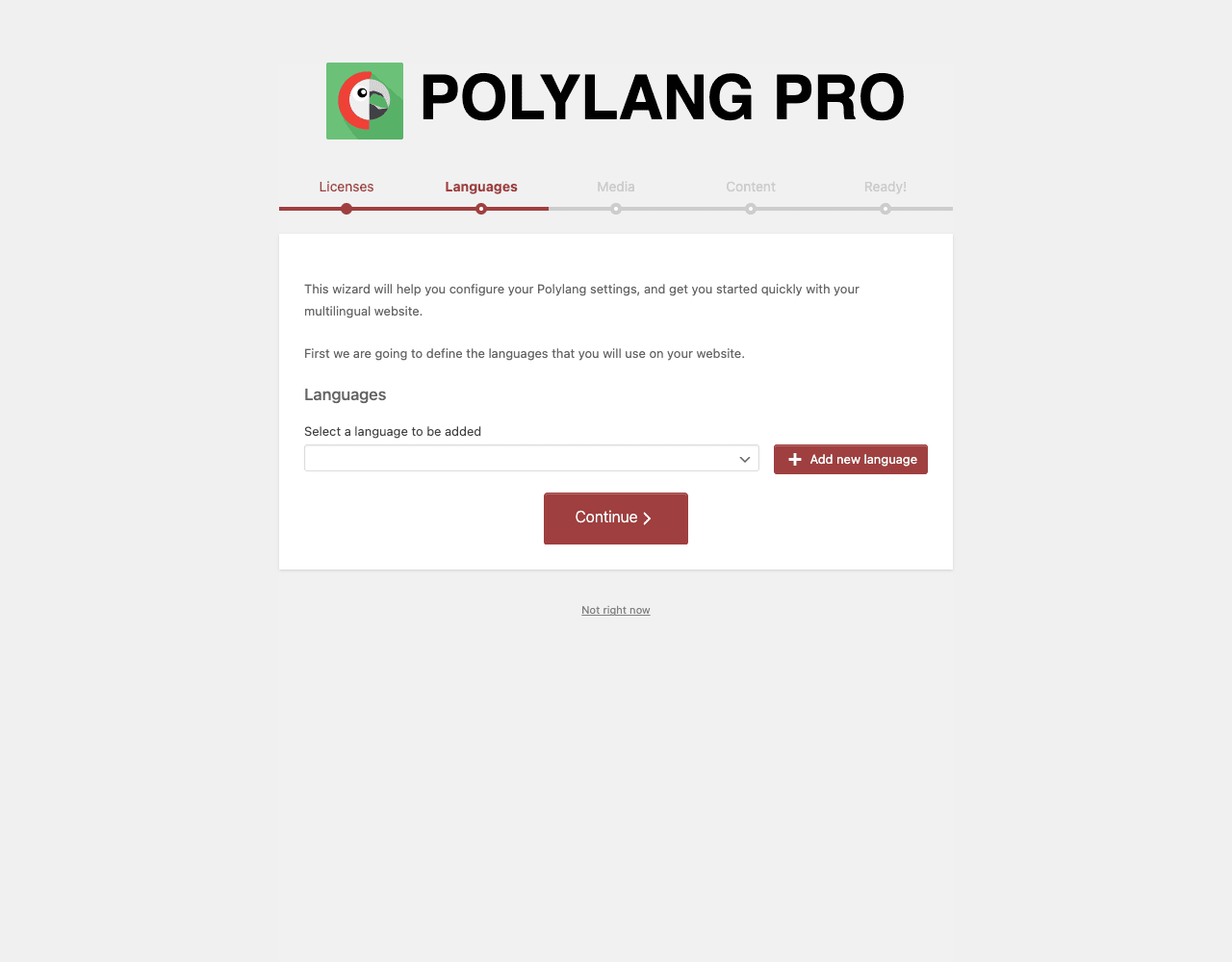 Polylang Pro Languages setup Polylang Pro Setup Wizard step 2, Languages, with the wizard's "This wizard will help you configure your Polylang settings" intro, "Select a language to be added" dropdown, and Add new language button