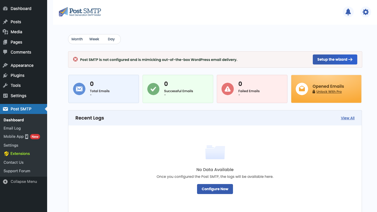 Post SMTP dashboard Post SMTP main dashboard with email stats