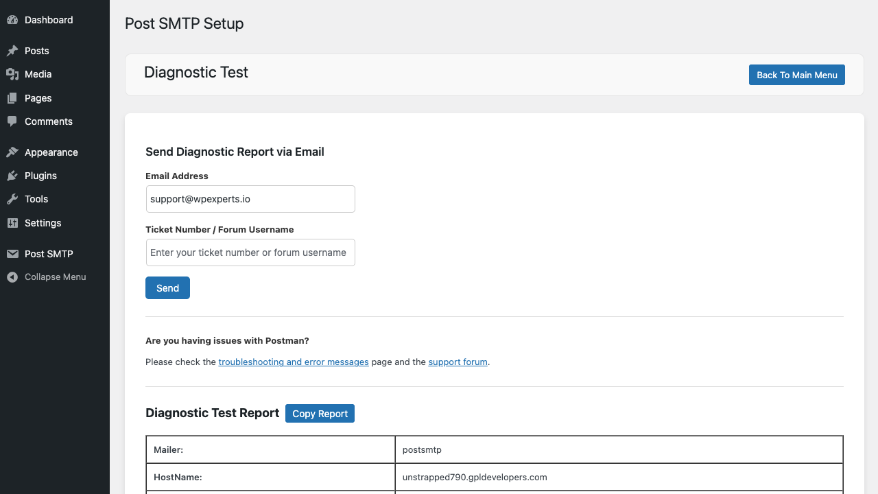 Diagnostic Test report Post SMTP Diagnostic Test report