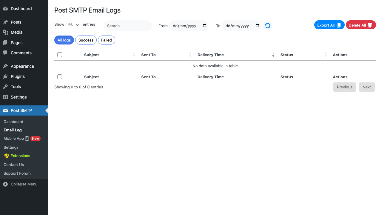 Email Log empty state Post SMTP Email Log with empty state