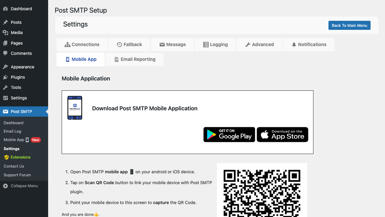 Mobile App pairing Post SMTP Mobile App pairing screen with QR code