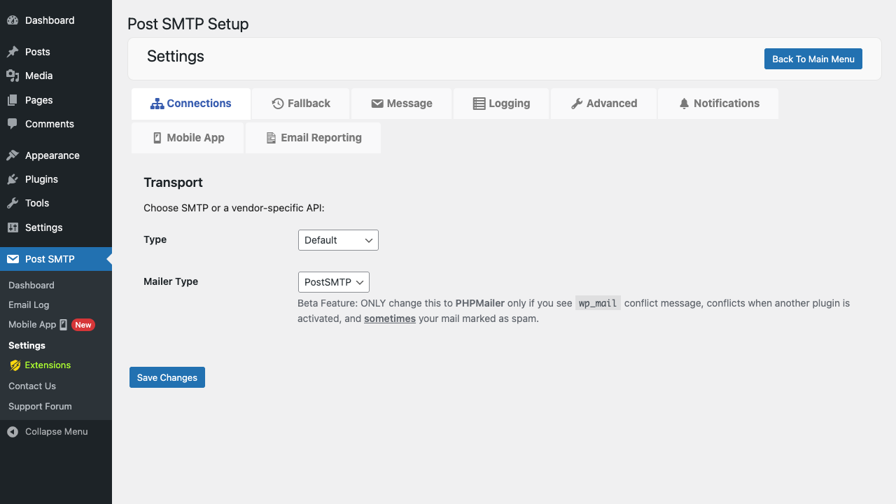 Connections settings tab Post SMTP Connections settings tab