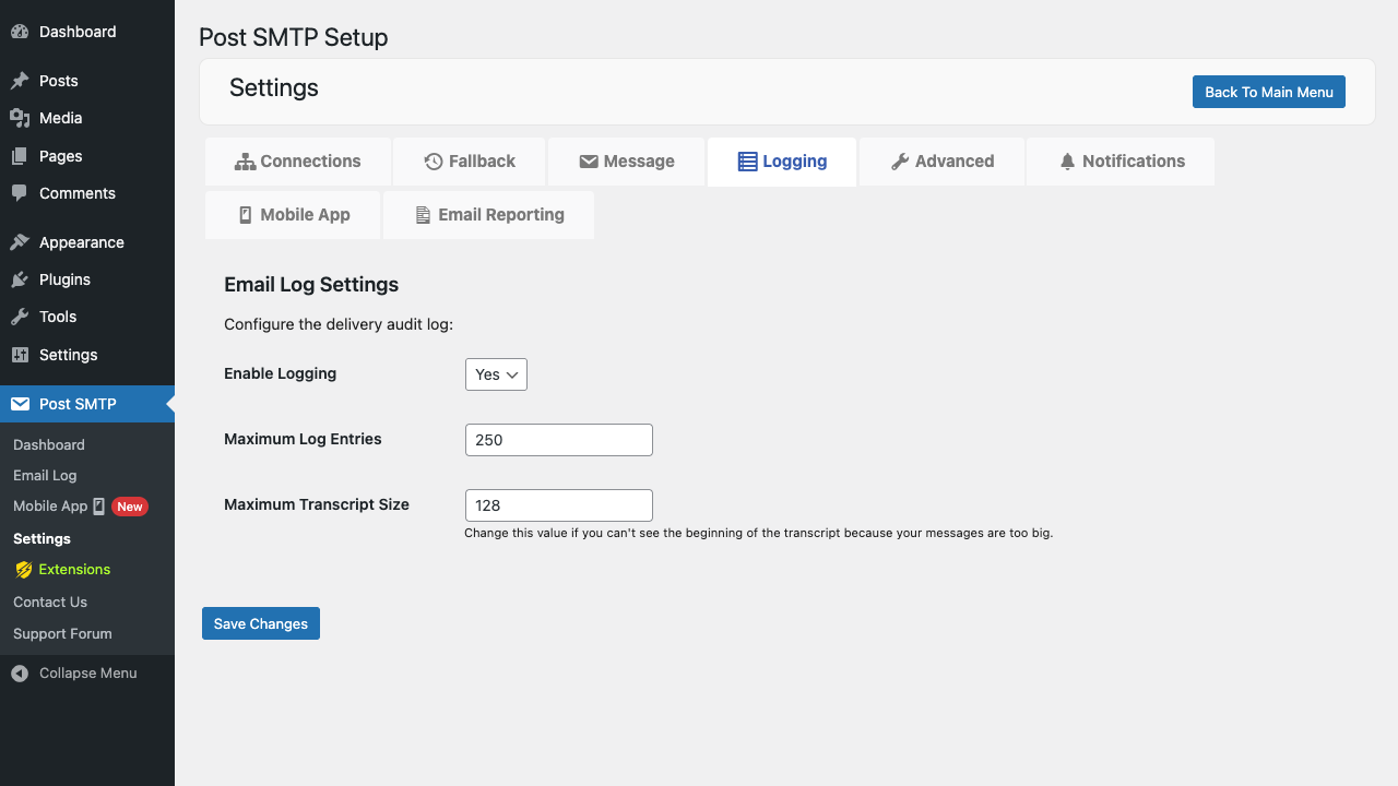Logging settings: enable, retention, transcript size Post SMTP Logging settings