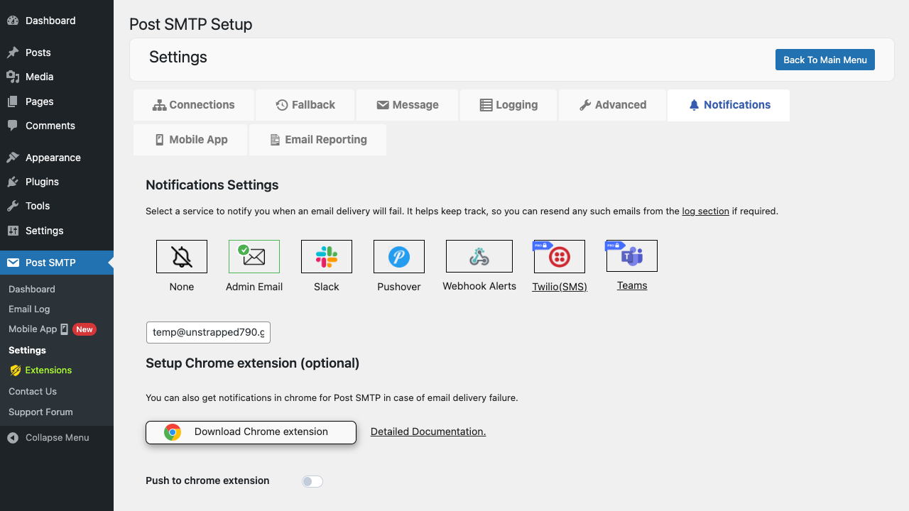 Failure notification channels Post SMTP Notifications settings, all channels visible