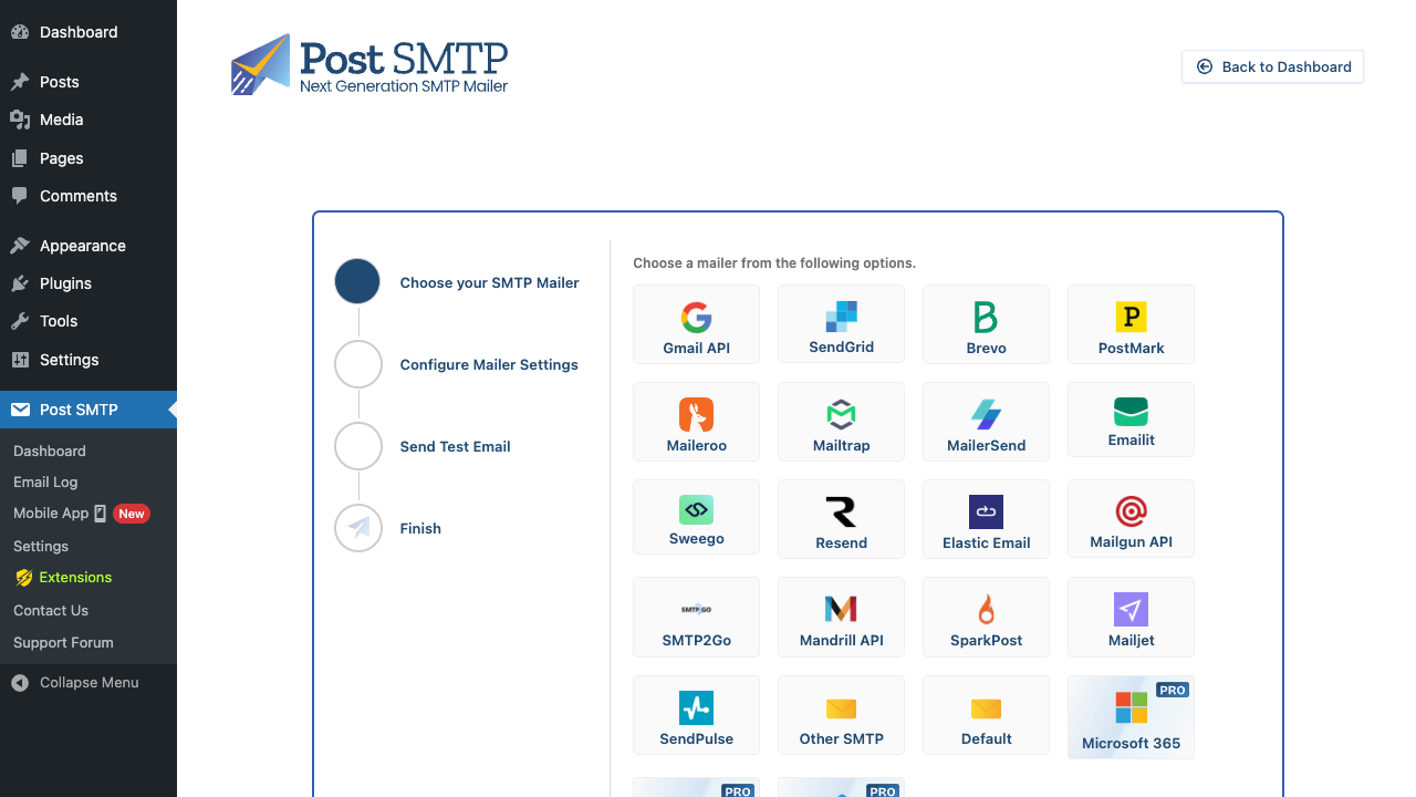 Choose your SMTP mailer Post SMTP setup wizard, mailer selection grid