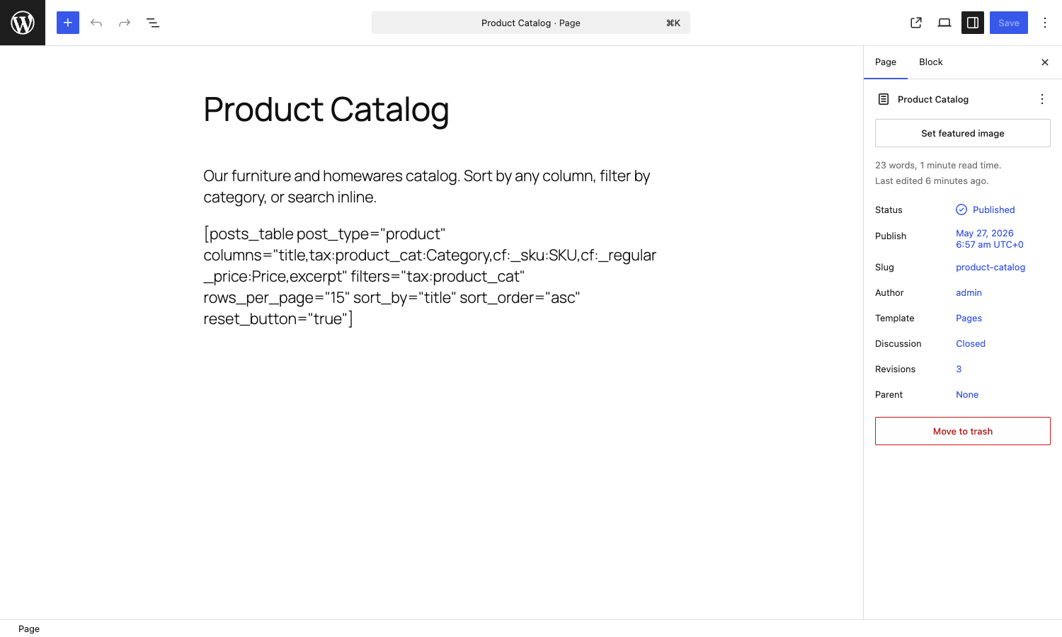 Posts Table Pro shortcode in the WordPress block editor Posts Table Pro shortcode embedded in the WordPress block editor for a Product Catalog page