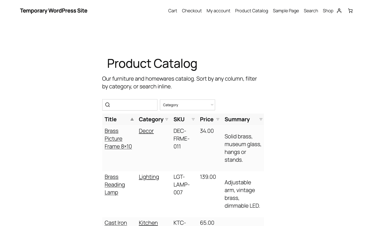 Posts Table Pro front-end product catalog Posts Table Pro front-end catalog with search, category filter, sortable columns and 15 product rows