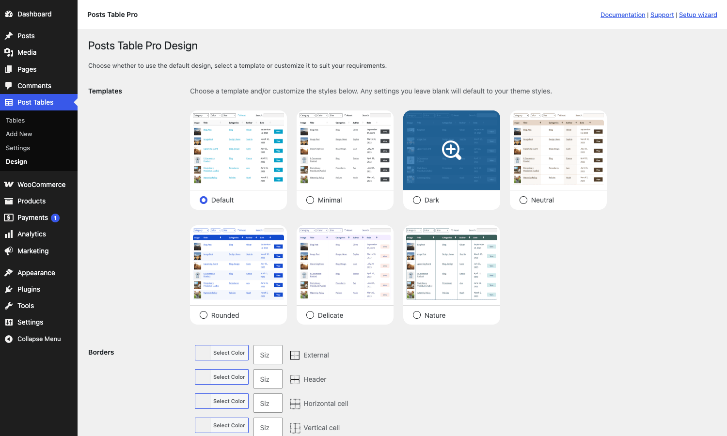 Posts Table Pro design templates Posts Table Pro Design page with 7 templates (Default, Minimal, Dark, Neutral, Rounded, Delicate, Nature) and custom border / color overrides