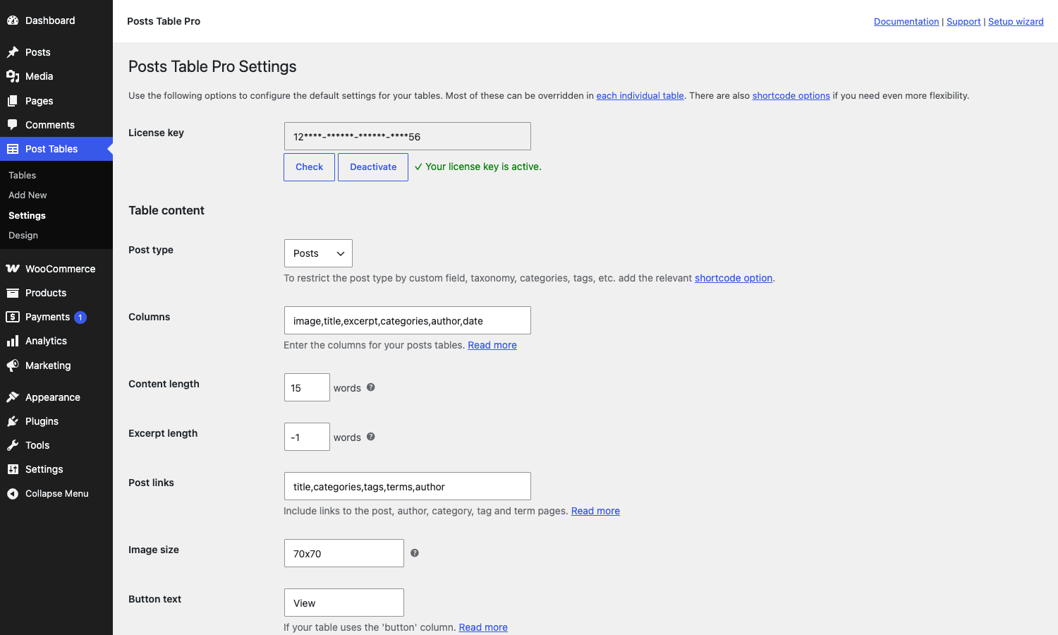 Posts Table Pro Settings page Posts Table Pro Settings page with license key, default columns, content length, post links, image size, button text