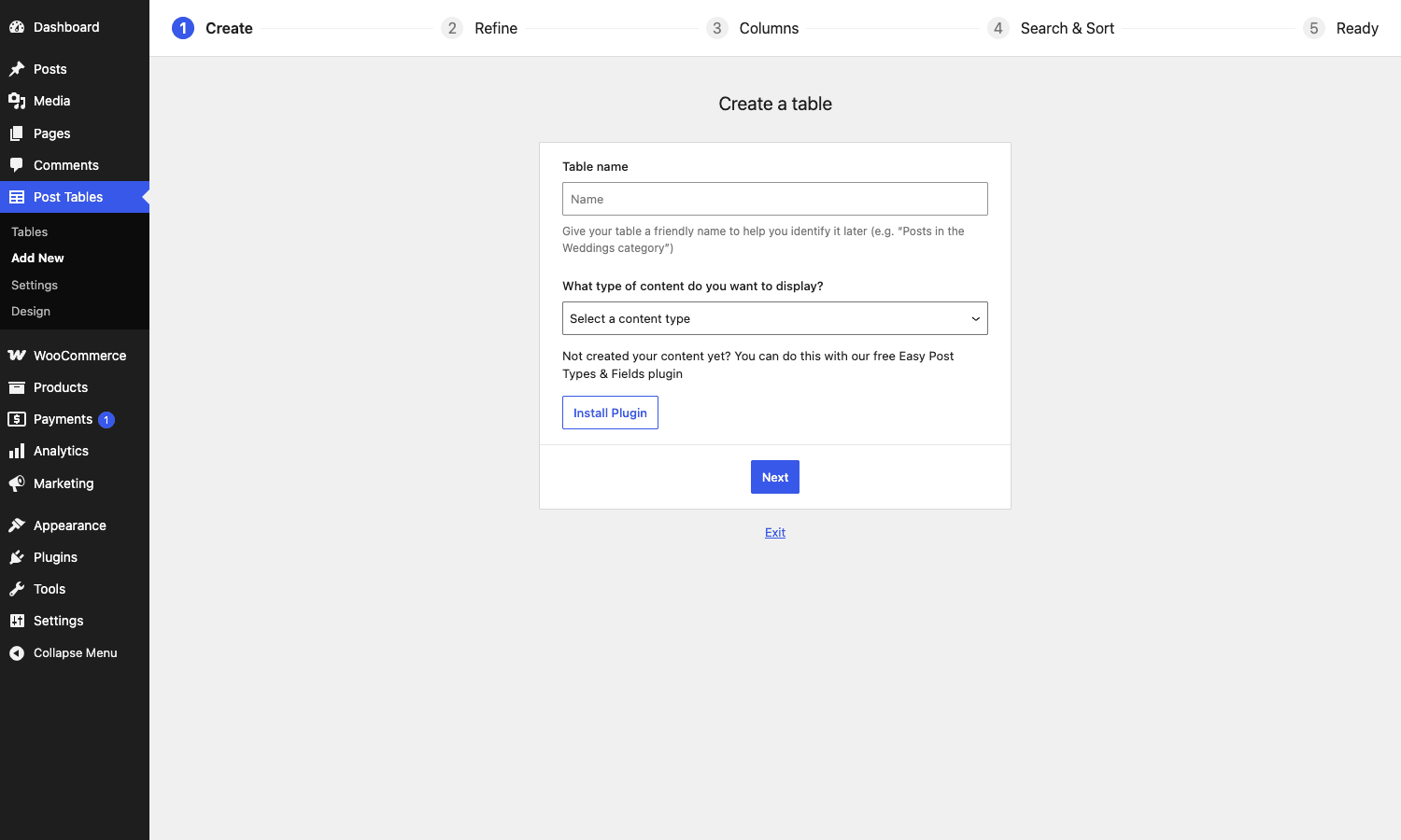 Posts Table Pro table builder wizard step 1 Posts Table Pro five-step table builder, step 1 Create with table name and content type dropdown