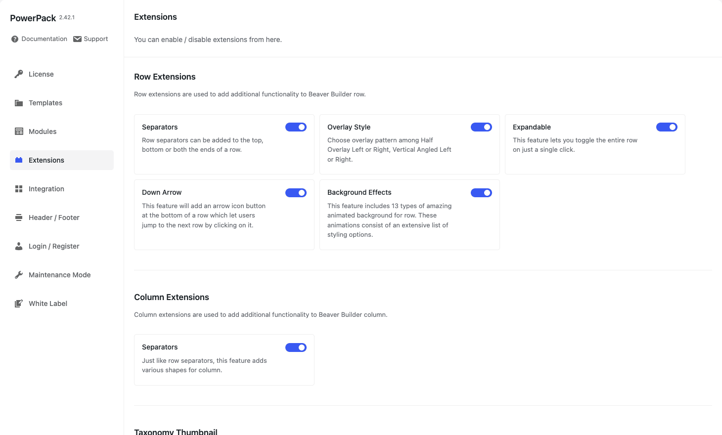 PowerPack Extensions tab PowerPack Extensions tab showing row, column, and taxonomy options