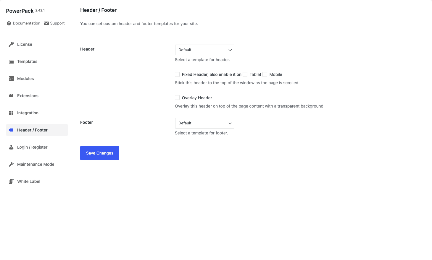 PowerPack Header / Footer settings PowerPack Header / Footer assignment in the admin settings