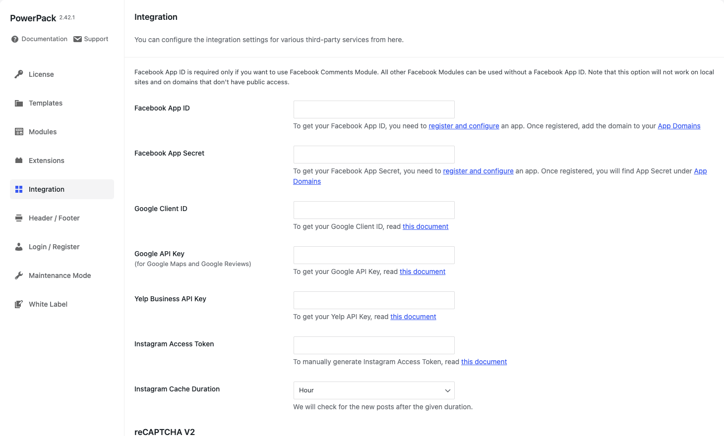 PowerPack Integration settings PowerPack Integration tab with API key fields for Facebook, Google, Yelp, Instagram