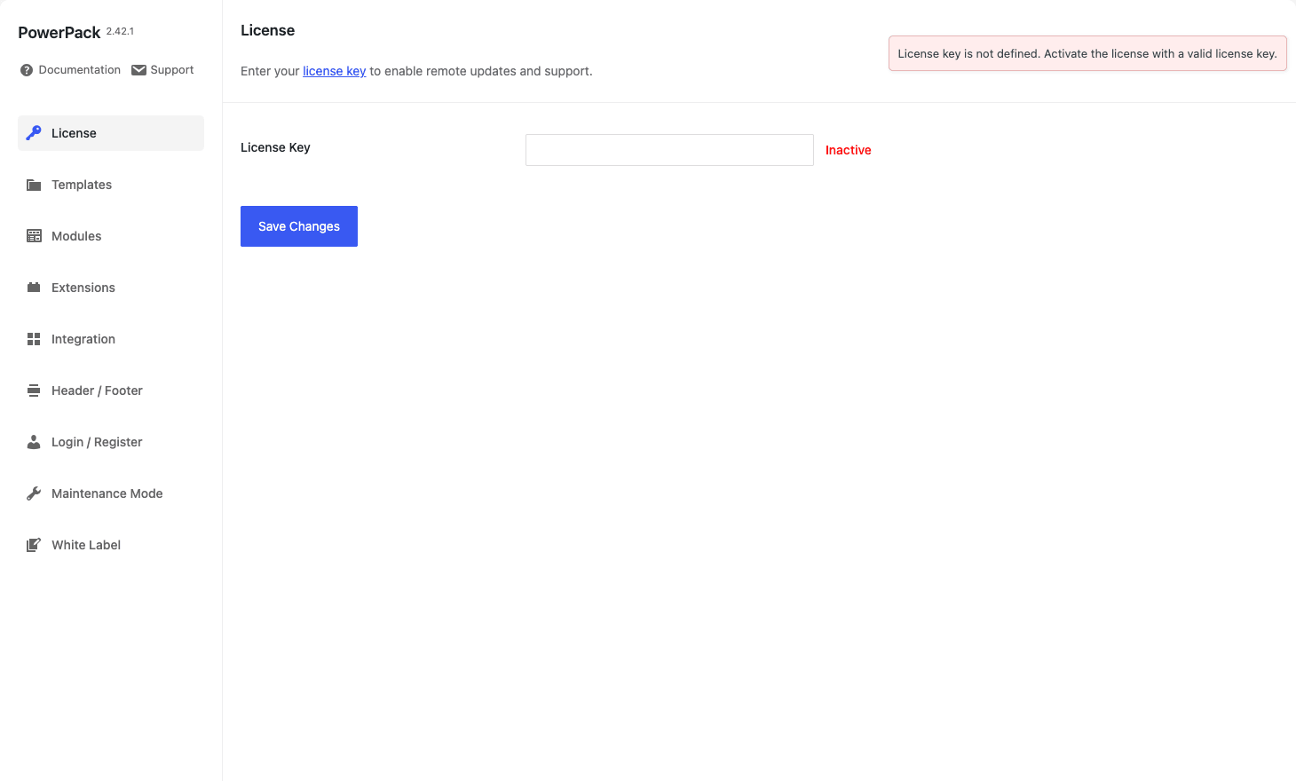 PowerPack License settings PowerPack license tab in WP admin, with key field and Save Changes