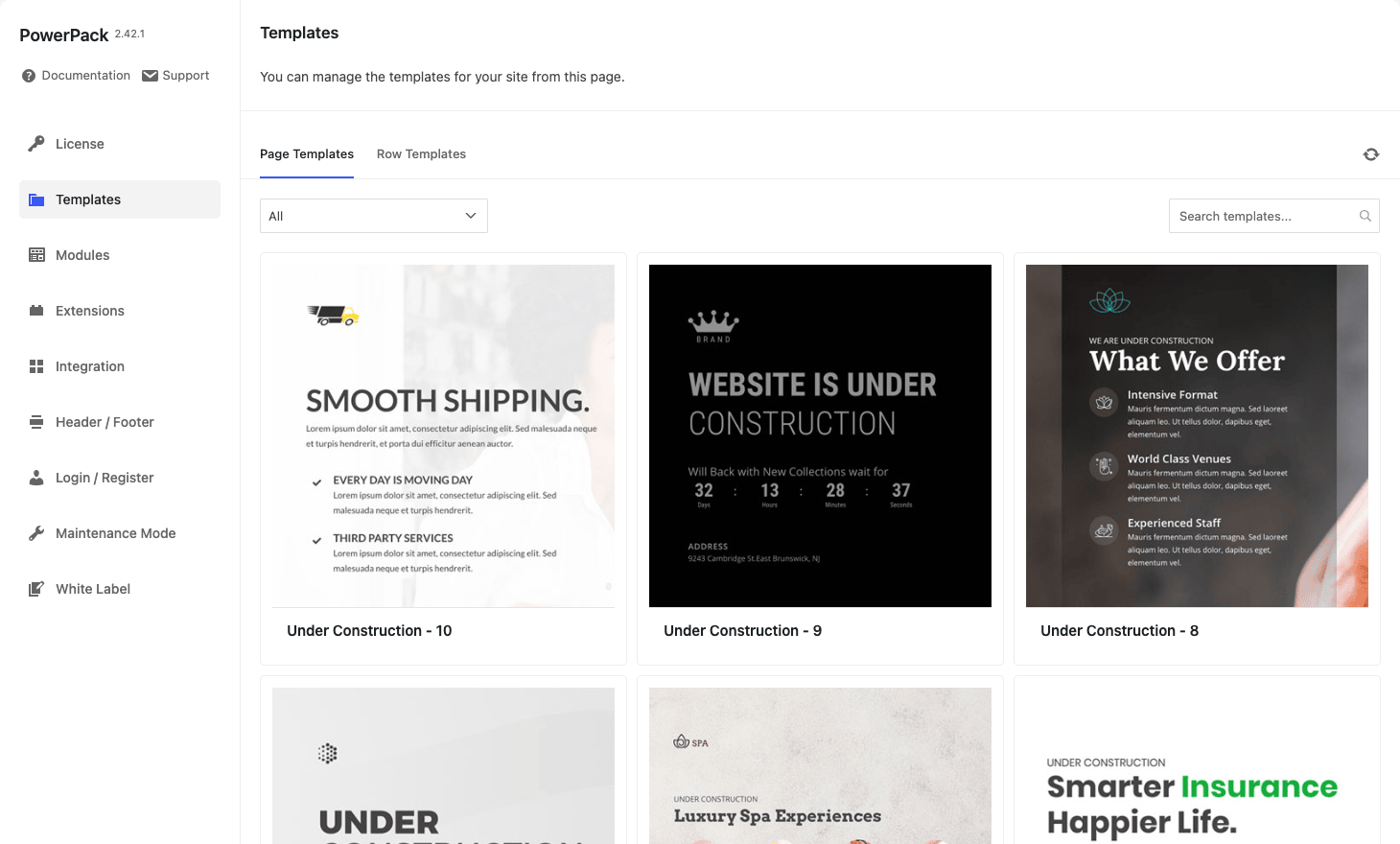 PowerPack Templates library PowerPack templates library in WordPress admin with pre-built page designs