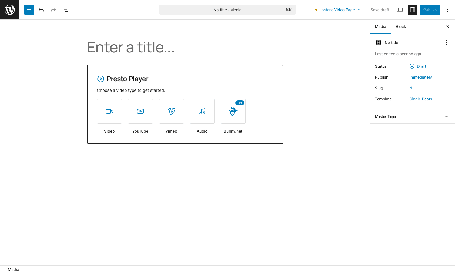 Choose a video source for the Presto Player block Inserter card for the Presto Player block in the WordPress editor with source picker tiles