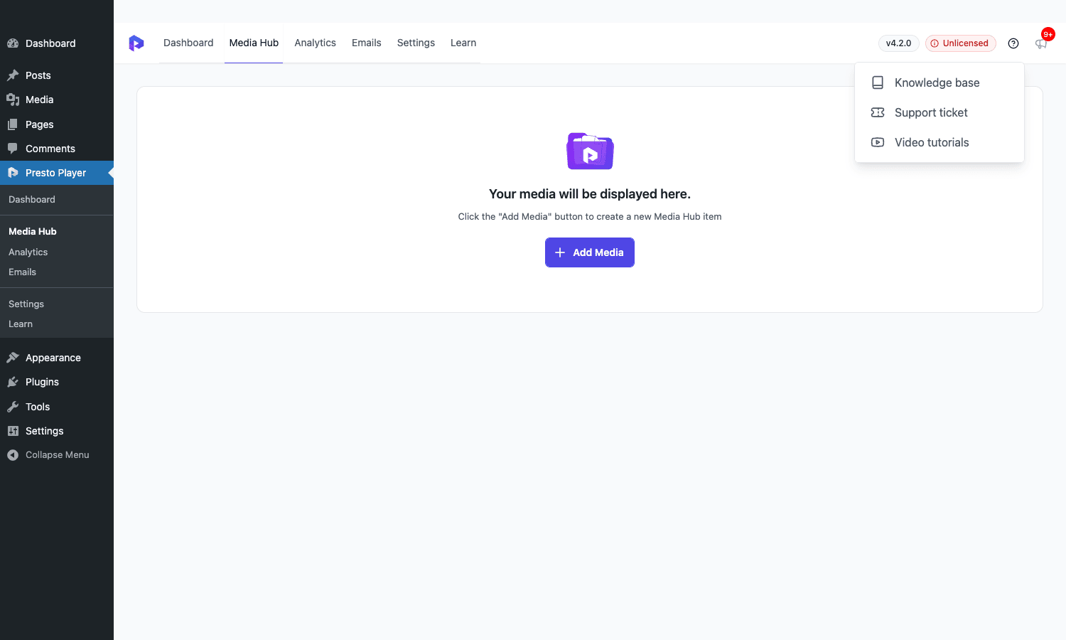 Presto Player Media Hub Media Hub list view in the Presto Player admin