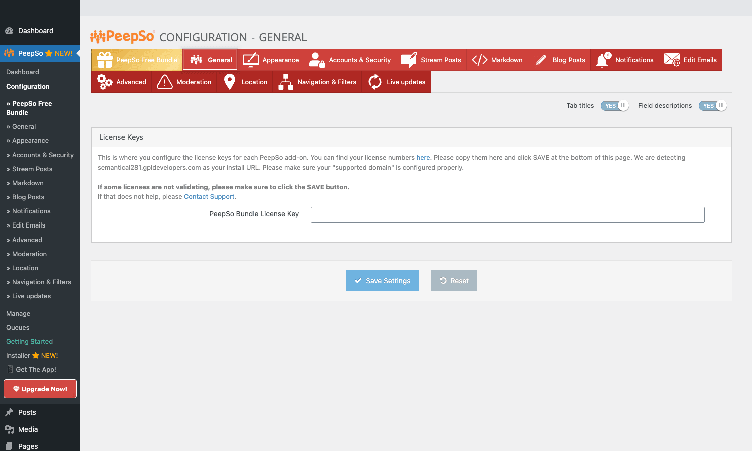 PeepSo Configuration page with settings tabs PeepSo Configuration admin page with multiple settings tabs