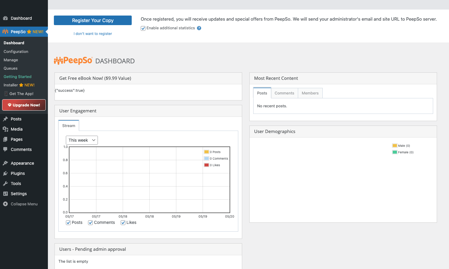PeepSo Dashboard showing Posts/Comments/Members tabs, User Engagement Stream chart, and User Demographics breakdown PeepSo admin dashboard with User Engagement chart, Most Recent Content, User Demographics