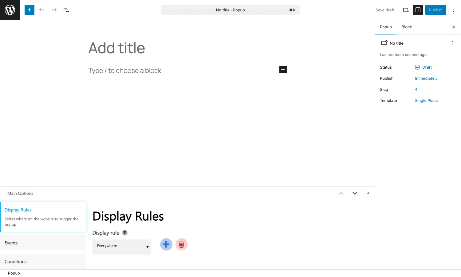 Add new popup screen in Popup Builder showing Display Rules meta box