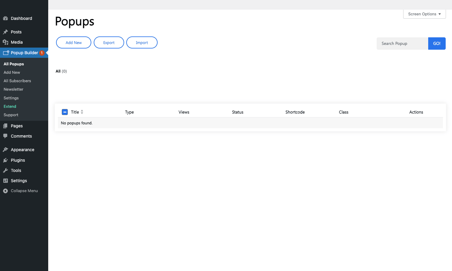 Popup Builder All Popups list with empty state