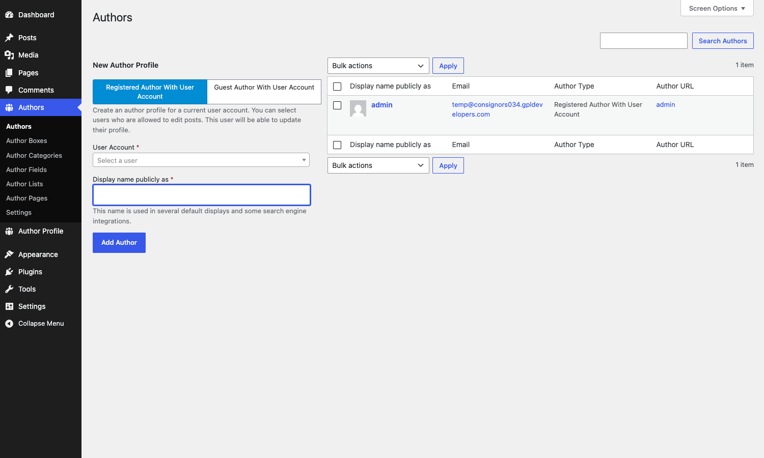 The Authors taxonomy screen. The Add Author form supports both registered users and guest profiles. PublishPress Authors list with the Add Author form on the left