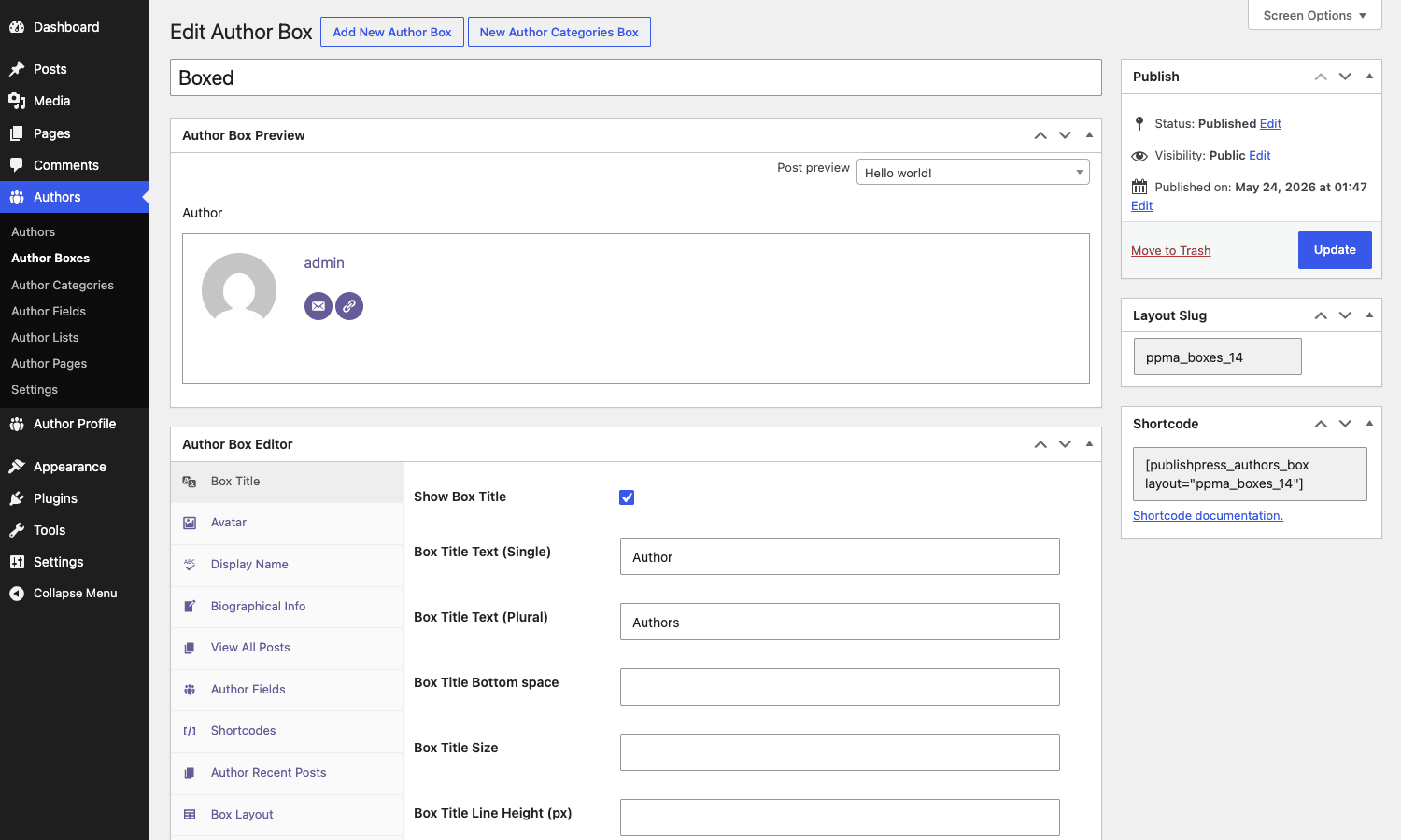 Edit Author Box screen. Left: tab-based control list. Centre: live preview that updates as you change settings. Author Box Editor with live preview and tab-based controls