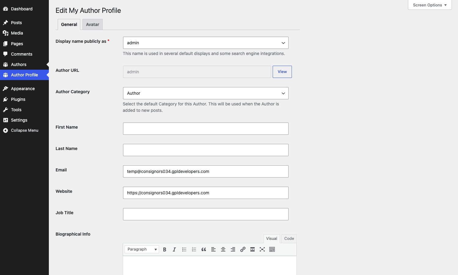 Edit Author Profile screen with General and Avatar tabs and all standard profile fields Edit Author Profile screen showing name, URL, bio, and social fields