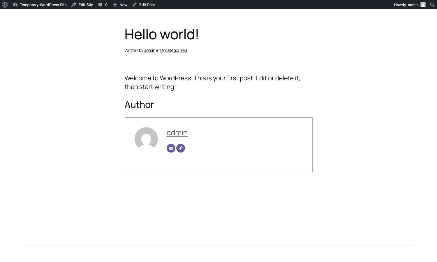 A frontend post showing the 'Written by' byline and the rendered author box with avatar, name, and contact icons. Hello World post with author byline and PublishPress author box