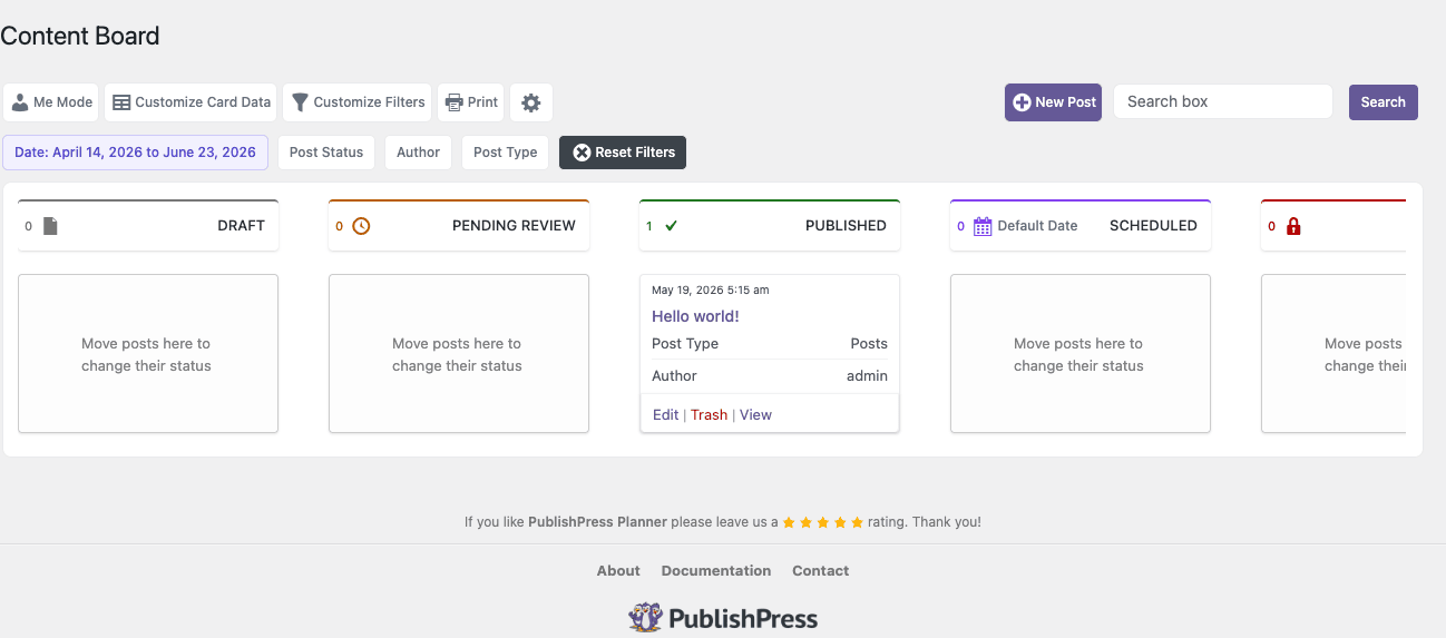 PublishPress Content Board (kanban) PublishPress Content Board kanban with columns for Draft (0 posts), Pending Review (0), Published (1, showing Hello world! by admin from May 19 2026), Default Date Scheduled (0), and another status. Has Me Mode, Customize Card Data, Customize Filters, Print, Settings buttons, plus filter buttons Date / Post Status / Author / Post Type / Reset Filters and Search / New Post button