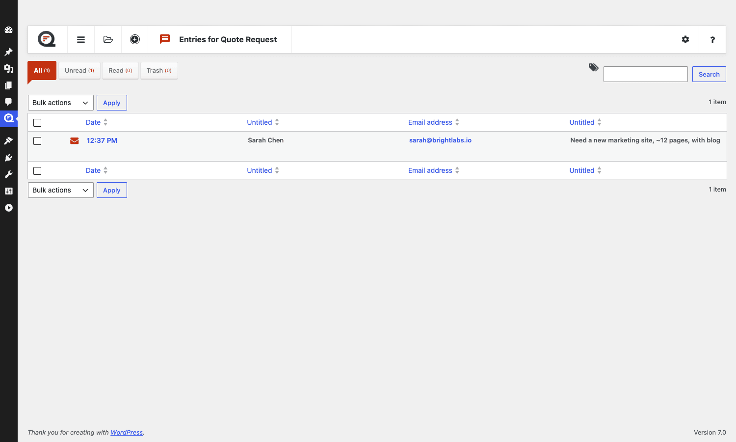 Quform entries admin showing entry rows with date, name, email, and description columns