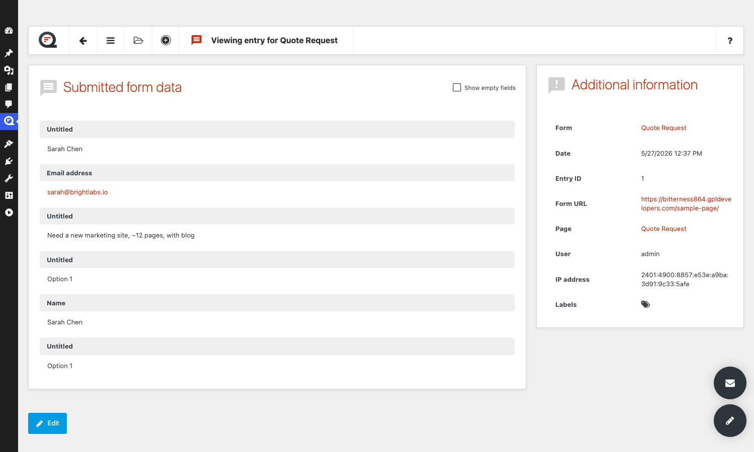Quform entry detail view with submitted form data and additional information panel