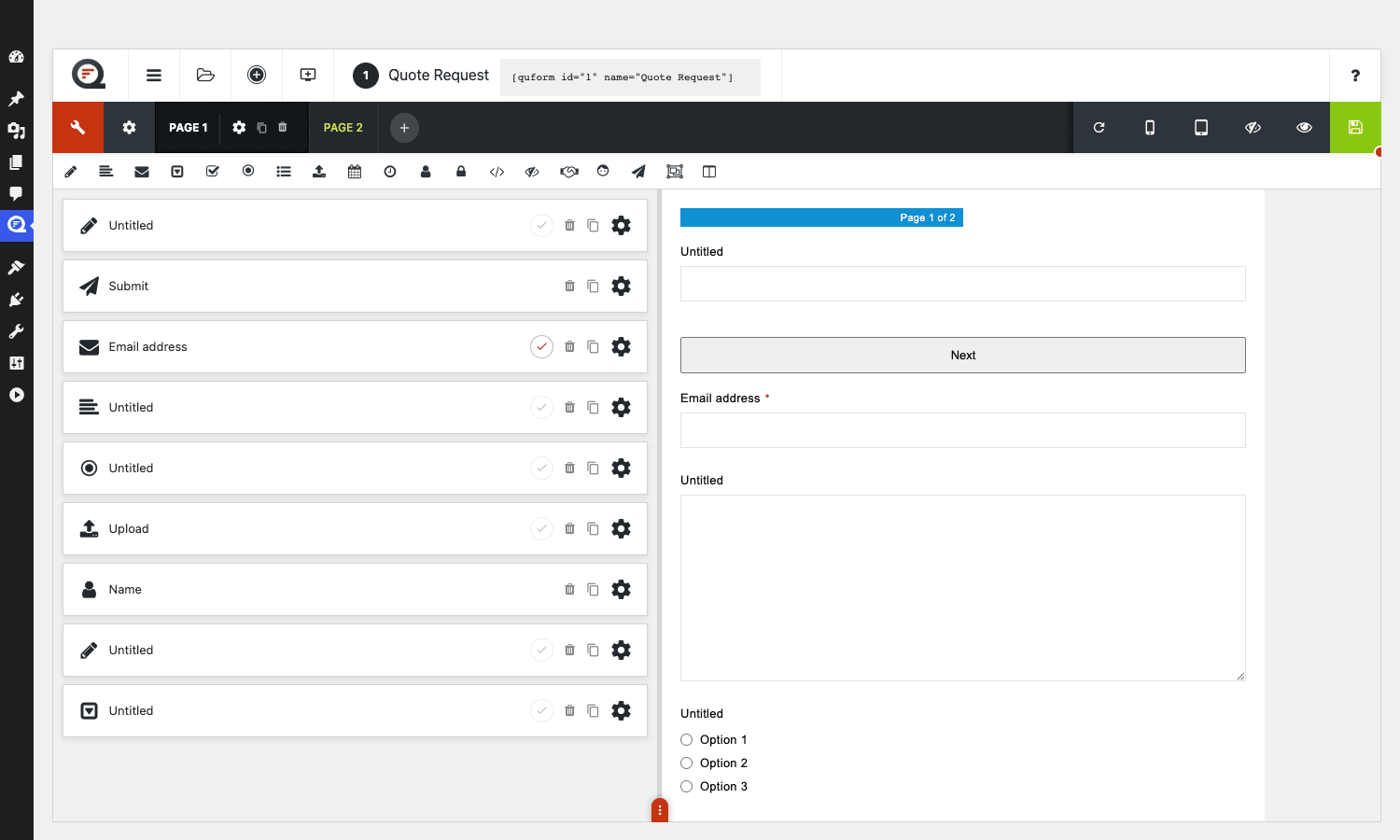 Quform multi-step form editor showing the element-tree architecture with Page 1 and Page 2 tabs