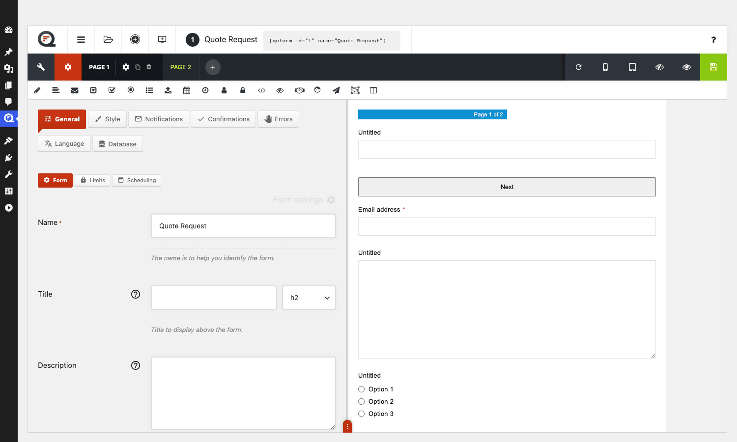 Quform notifications panel with Admin notification card and Add Notification button