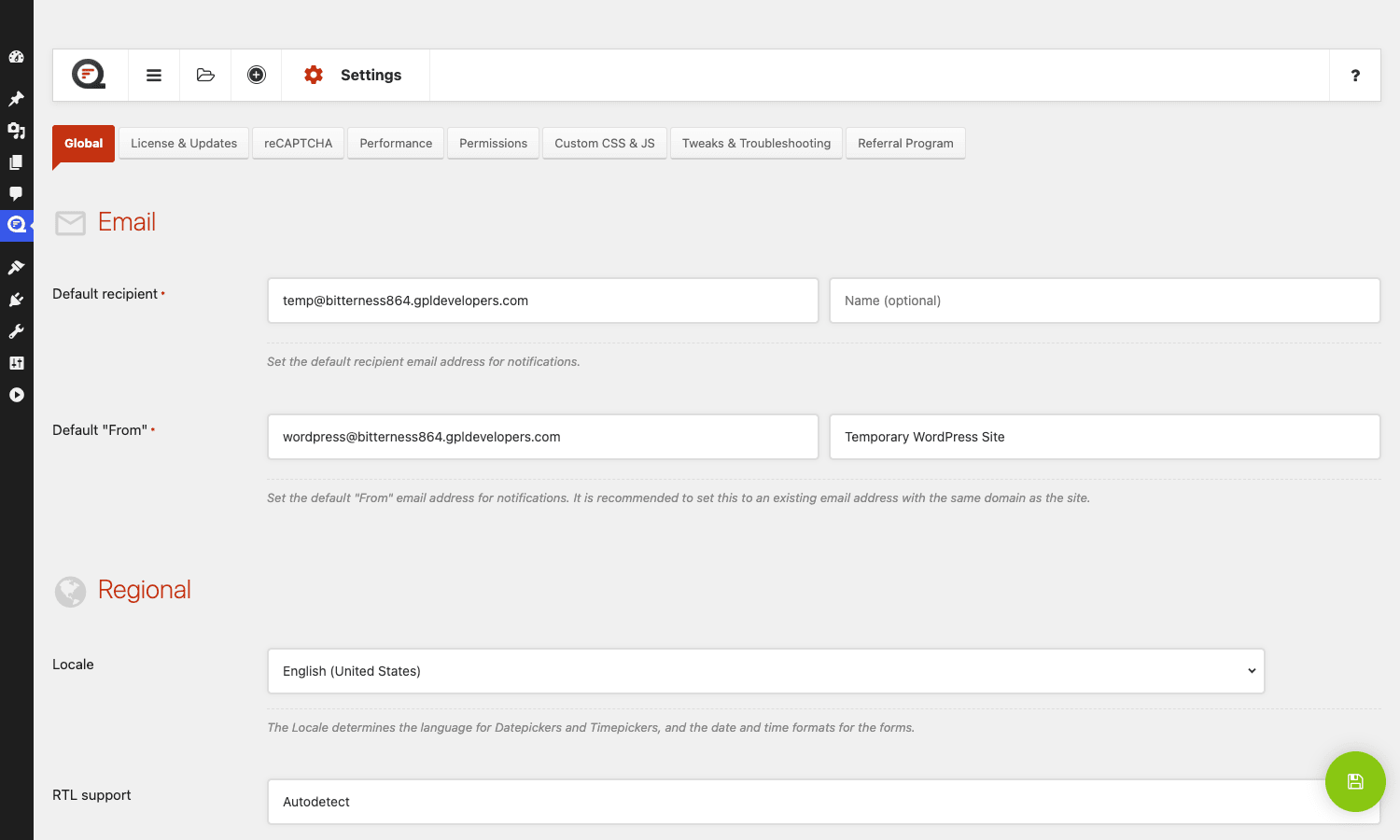 Quform global settings with Email, Regional, License, reCAPTCHA, Performance, Permissions tabs