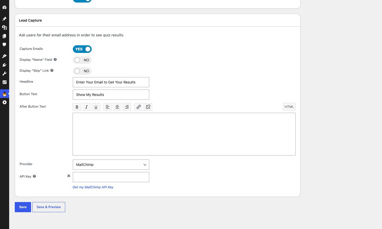 Lead capture configuration and email provider settings Quiz Cat Elite Lead Capture panel with Display Name, Skip link, Headline, Button Text, Provider dropdown, and API Key fields
