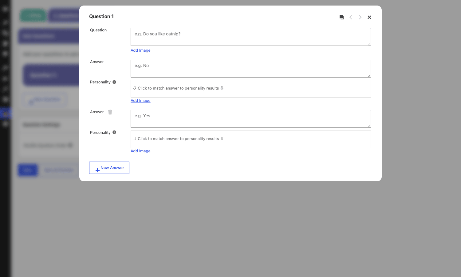 Per-question editor with answer-level personality mapping Quiz Cat Elite question editor modal showing question text, multiple answers with image support, and per-answer personality matcher dropdowns